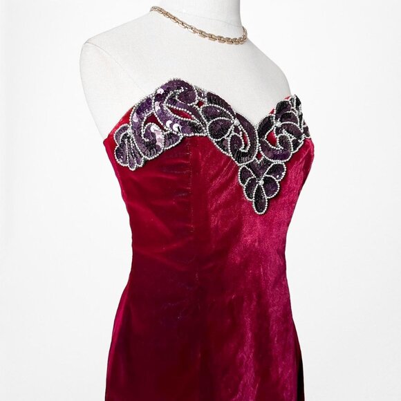 Vintage Burgundy Red Strapless Sequin Beaded Velvet Bodycon Maxi Slit Prom Dress - Picture 7 of 7